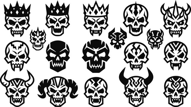 Seamless pattern with evil skull icons and demonic monster faces