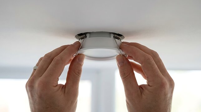 Installing recessed ceiling lighting fixture by hand for modern home renovation