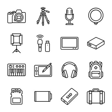 Set of media production and gear outline icons with microphone, lighting