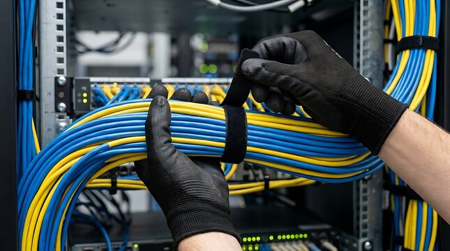 Technician organizing network cables with velcro ties in a server rack for effective data management