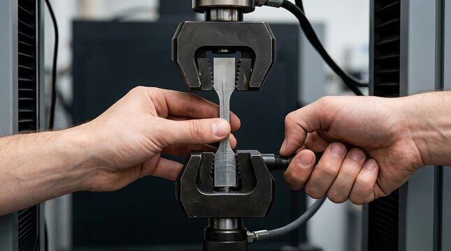 Tensile strength testing of metal specimen in laboratory material analysis