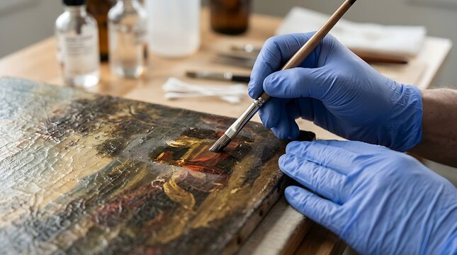 Professional art conservator restoring an antique oil painting with a fine brush in a studio