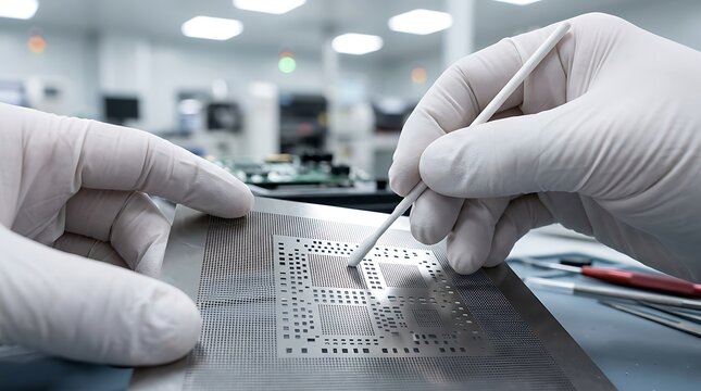 Technician cleaning a bga reballing stencil with a swab in a cleanroom environment