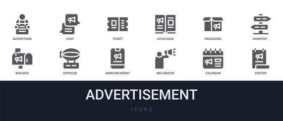 Set of 12 solid Advertisement icons for dashboards, app screens and website sections. Filled glyph collection including chat, catalogue, signpost. signpost for website design and mobile, app © Olivia