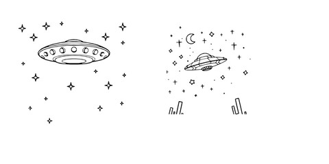 UFO with Lights on a Starry Night Kids Coloring Page Clean Line Art © PRO_ED