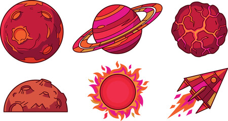 Outer space planet sticker set vector illustration with red mars saturn sun meteor asteroid and rocket ship. © Lunavera art