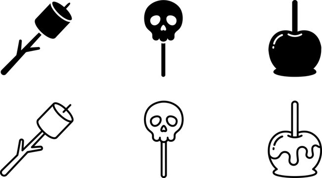 Spooky Halloween treats and candy apple icons set