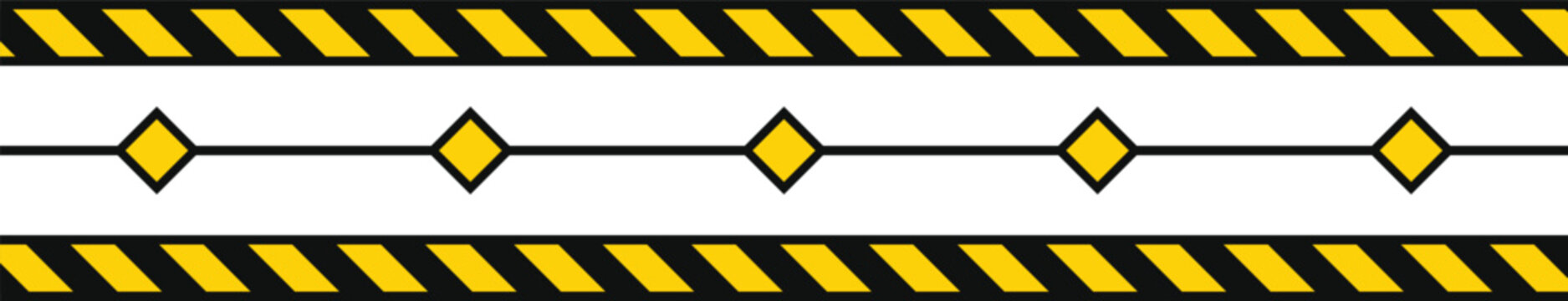 Yellow and black striped warning tape with diamond shapes on a white background in a seamless pattern