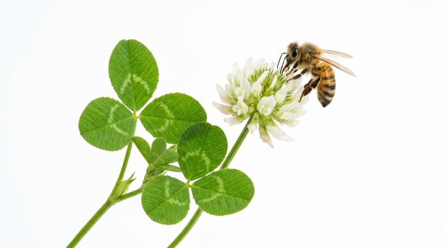 Macro close-up of a honey bee gathering nectar from a white clover flower isolated on a bright white background, featuring vibrant green leaves and detailed textures of the industrious insect.