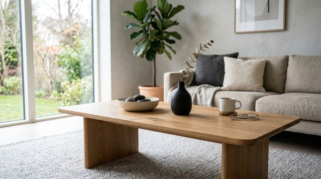 Modern living room with wooden coffee table and minimalist decor. Stylish interior featuring neutral tones, cozy sofa, and indoor plants for home s...