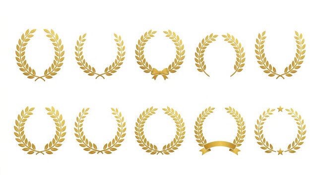 Golden laurel wreaths collection featuring various rounded shapes with elegant ribbons and stars designed in a flat vector style isolated on a clean white background