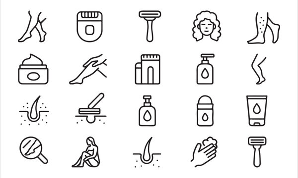 Isolated leg care icons set, 20 editable line art icons set, body hair, hair removal, beauty, skincare, grooming, wellness, self care, treatment theme style, clean outline vector