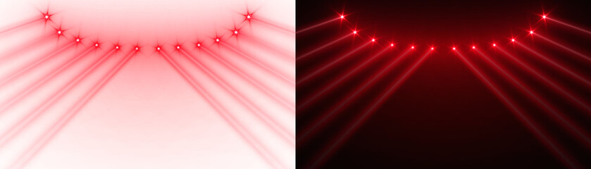 Naklejka na ściany i meble Spotlight beams red lighting shining on concert stage on transparent background. VFX design, theatre stage poster, party, music event.