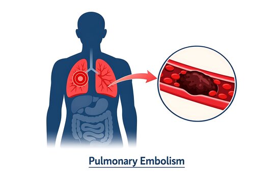 Medical illustration of pulmonary embolism showing blood clot in lung artery