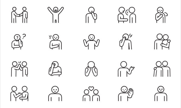 Isolated body language icons set, 20 editable line art icons set, gesture, expression, communication, emotion, people, behavior, psychology, human interaction theme style, clean outline vector
