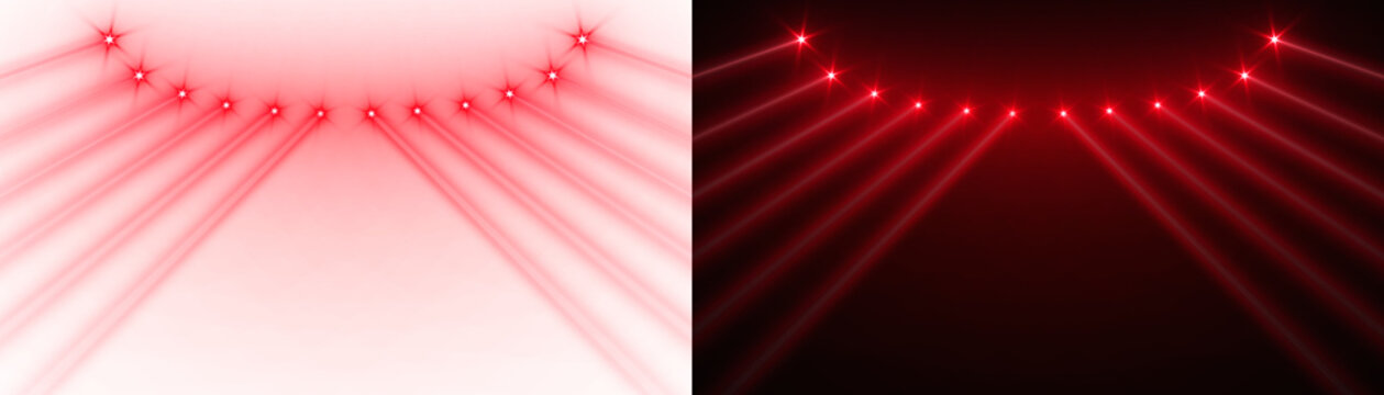Spotlight beams red lighting shining on concert stage on transparent background. VFX design, theatre stage poster, party, music event.