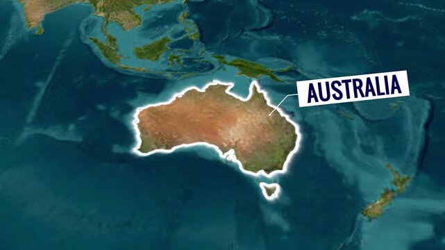 Australia Highlighted on World Map with Location Pin and Zoom Animation in 4K