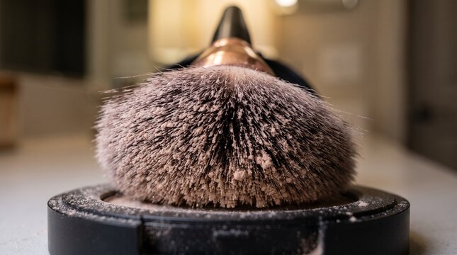 Makeup Brush with Powder on Black Case Closeup
