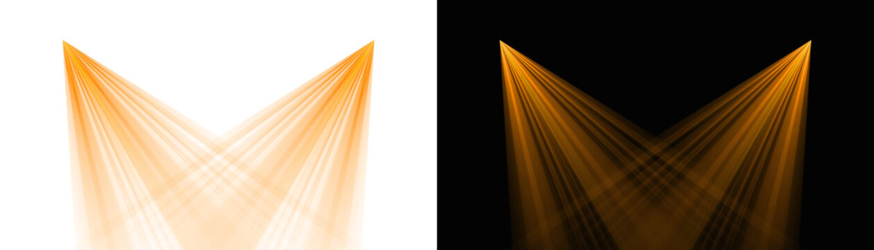 Spotlight beams gold yellow warm lighting shining on concert stage on transparent background. VFX design, theatre stage poster, party, music event.
