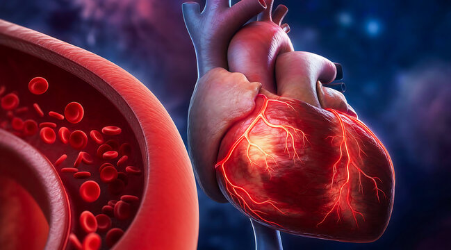 Anatomical human heart pumping blood through arteries with cardiology, vascular