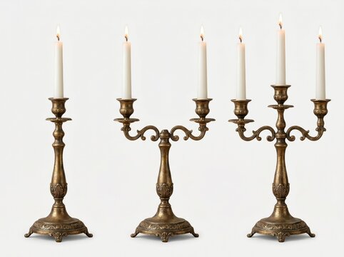 Elegant collection of three vintage brass candelabras and candlesticks with lit white wax candles on a neutral background, perfect for classic interior decor, holiday atmosphere and luxury.