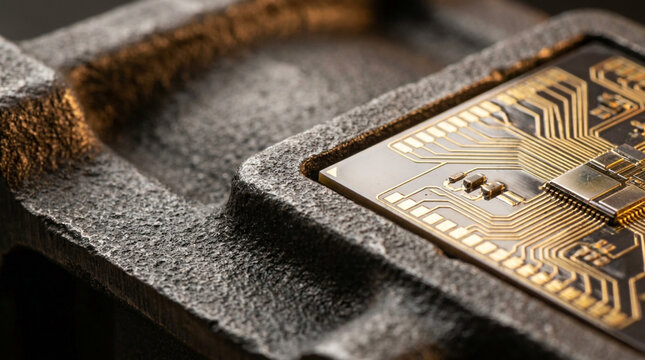 Digital technology and literacy are essential for understanding intricate design of golden microchip embedded in textured metallic surface