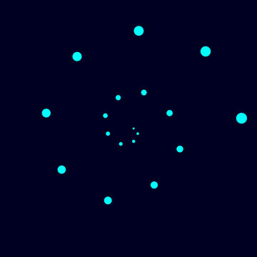 Abstract cosmic spiral pattern featuring cyan glowing dots on a dark blue background digital illustration