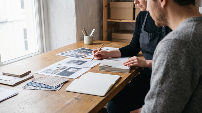 Design Team Reviewing Print Proofs and Fabric Swatches in Studio