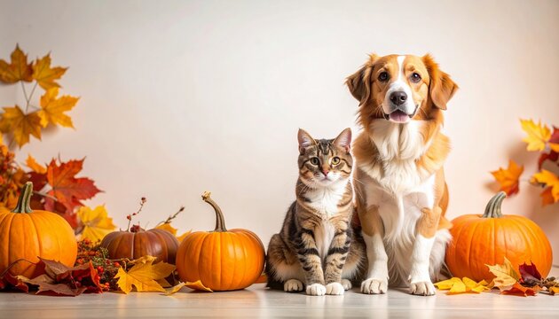 Cute cat and dog with pumpkins and autumn leaves seasonal concept