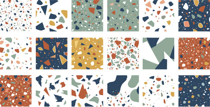 Abstract earth tone terrazzo pattern vector set featuring ceramic mosaic square tiles with colorful stone granite texture fragments for interior architecture backgrounds.