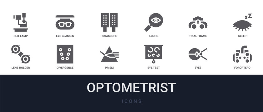 Set of 12 solid Optometrist icons for dashboards, app screens and website sections. Filled glyph collection including eye glasses, loupe, sleep, divergence cards and prism.