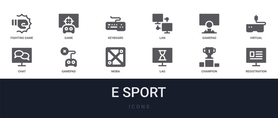 Set of 12 solid E Sport icons for dashboards, app screens and website sections. Filled glyph collection including game controller, lan, virtual reality, gamepad and moba. © Olivia
