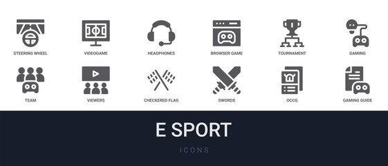 Set of 12 solid E Sport icons for dashboards, app screens and website sections. Filled glyph collection including videogame, browser game, gaming, viewers and checkered flag. © Olivia