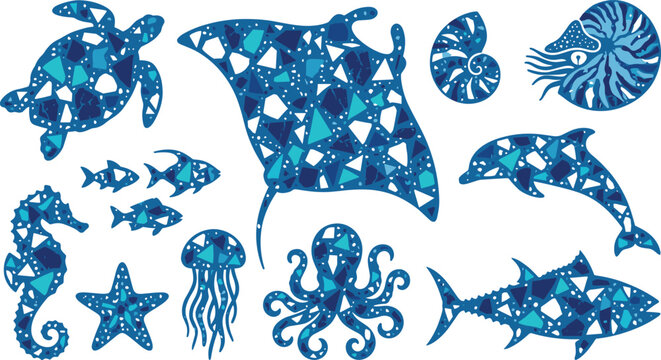 Blue sea creatures vector illustration set featuring marine life icons filled with geometric terrazzo mosaic pattern isolated on white background.