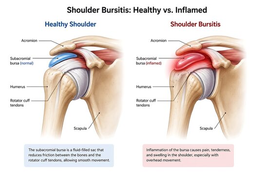 Comparison of healthy shoulder versus shoulder bursitis medical diagram