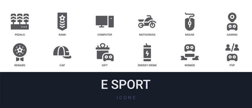 Set of 12 solid E Sport icons for dashboards, app screens and website sections. Filled glyph collection including rank, motocross, gaming, cap and gift.