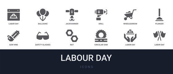 Fototapeta premium Set of 12 solid Labour Day icons for dashboards, app screens and website sections. Filled glyph collection including balloons, drill, plunger, safety glasses and nut.
