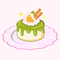 strawberry cheese cake with cinnamon roll and whipped cream on the floral ceramics. cute kawaii dessert cartoon vector illustration