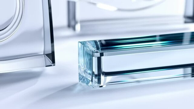 Close-up view of glass objects on a white surface in an indoor setting with clear rectangular shapes