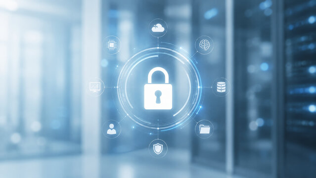 Data center security lock icon with technology background in server room environment