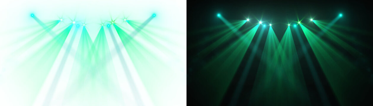 Spotlight beams green lighting shining on concert stage on transparent background. VFX design, theatre stage poster, party, music event.