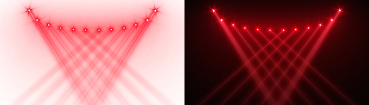 Spotlight beams red lighting shining on concert stage on transparent background. VFX design, theatre stage poster, party, music event.