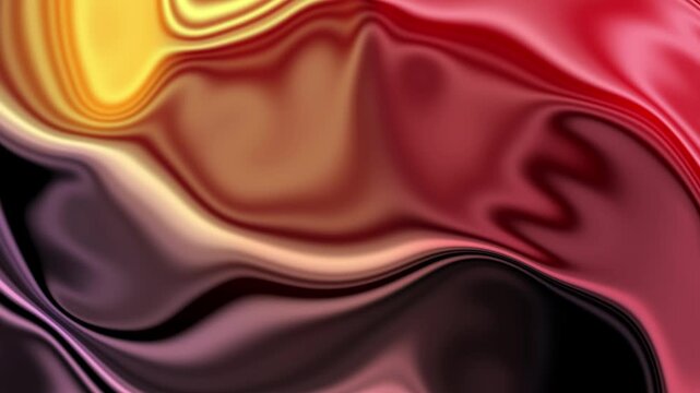 Glossy flowing silk-like surface with warm red, gold, and deep maroon folds moving diagonally