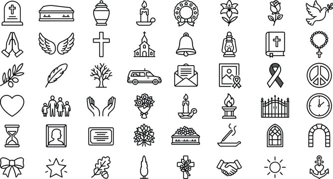 Funeral service memory elements linear outline icons set for mourning burial cemetery condolence card design vector