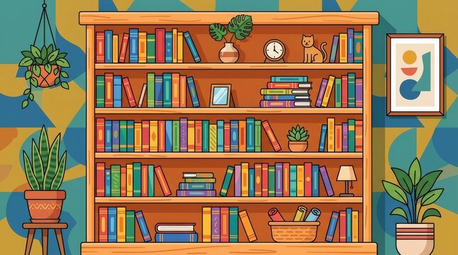 Colorful bookshelf illustration for home decor and interior design. Bright vector of a wooden bookcase with plants and art for lifestyle content.