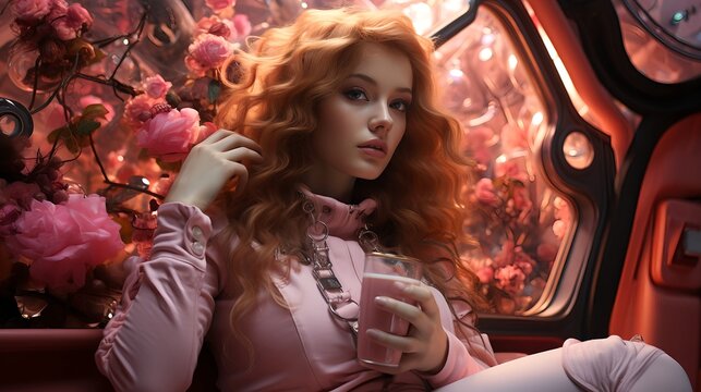 Redhead Woman in Romantic Pink Fashion with Cherry Blossoms