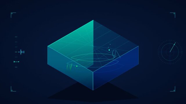 Futuristic blue isometric data cube with scanning digital hud elements