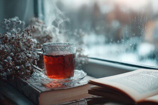 Steaming glass cup of hot black tea on old book by rainy window with droplets and dried flowers creating cozy hygge atmosphere during cold winter day indoors with soft moody natural light.