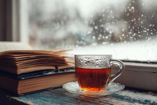 Cozy glass teacup filled with hot amber tea rests on a saucer next to open vintage books by a snowy windowpane with falling snowflakes outside, creating a serene hygge atmosphere at home.