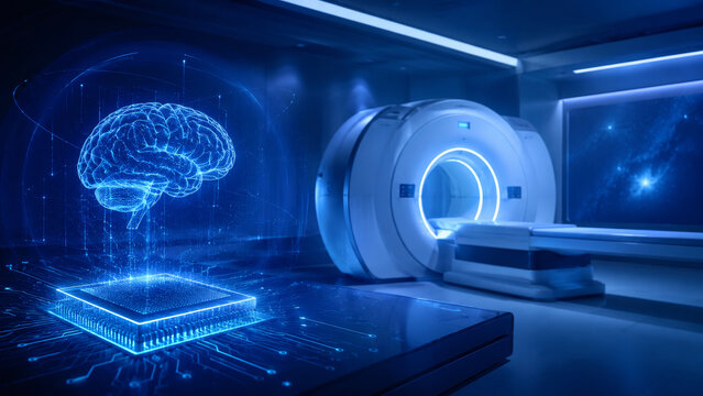 Brain computer interface chip connected to MRI scanner in futuristic medical laboratory